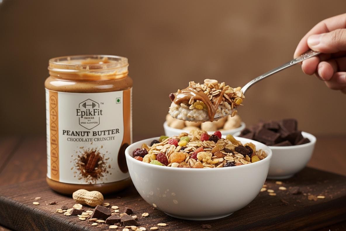 EpikFit peanut butter jar with a bowl of granola and a spoonful being taken, on a wooden surface.