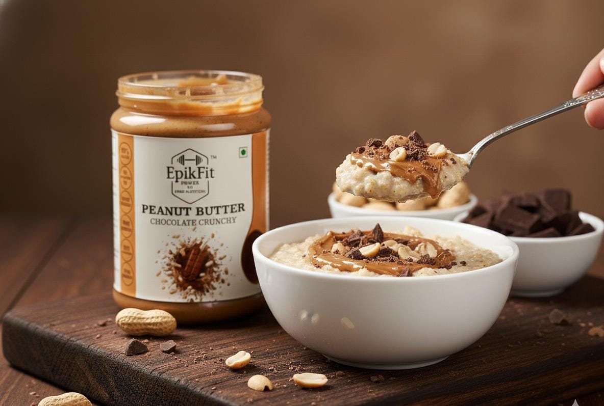 EpikFit Peanut Butter Chocolate Crunch jar with bowls of dessert and a spoon on a wooden surface.