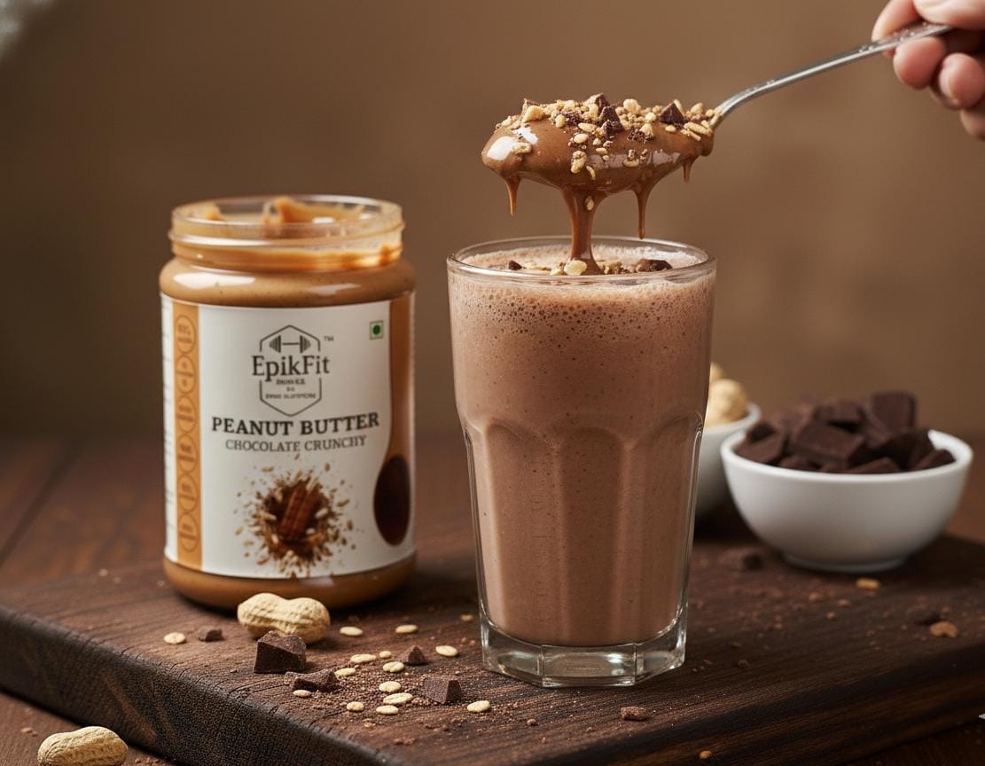 Glass of chocolate milk with a spoonful of EpikFit Peanut Butter Chocolate Crunchy on a wooden surface.