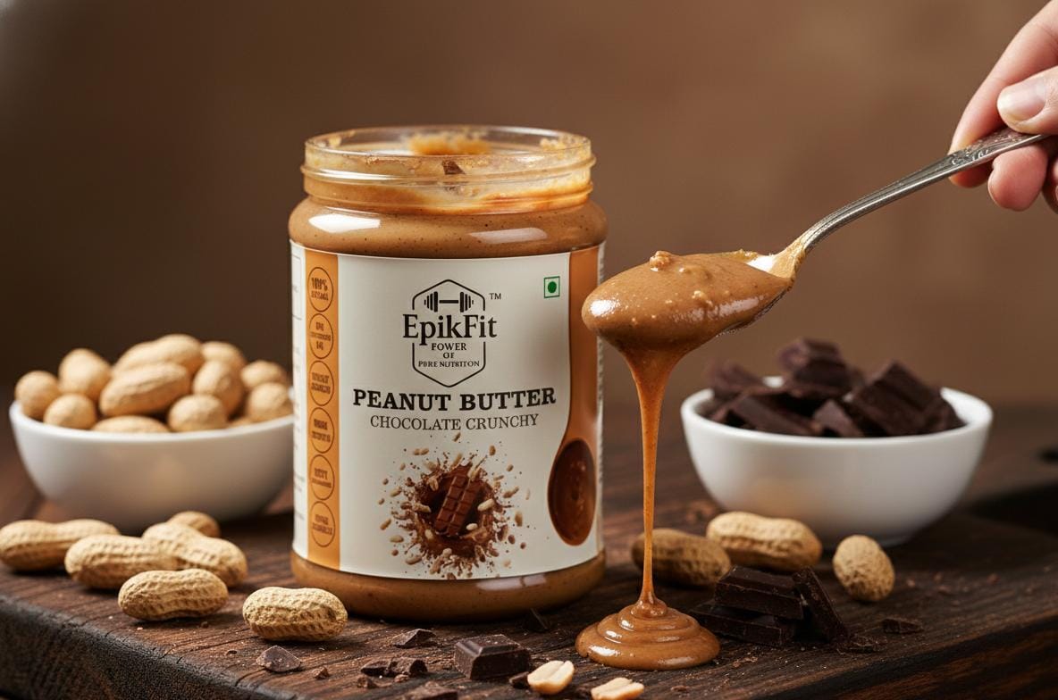 Jar of EpikFit Peanut Butter Chocolate Crunchy with a spoonful being lifted, surrounded by peanuts and chocolate pieces on a wooden surface.