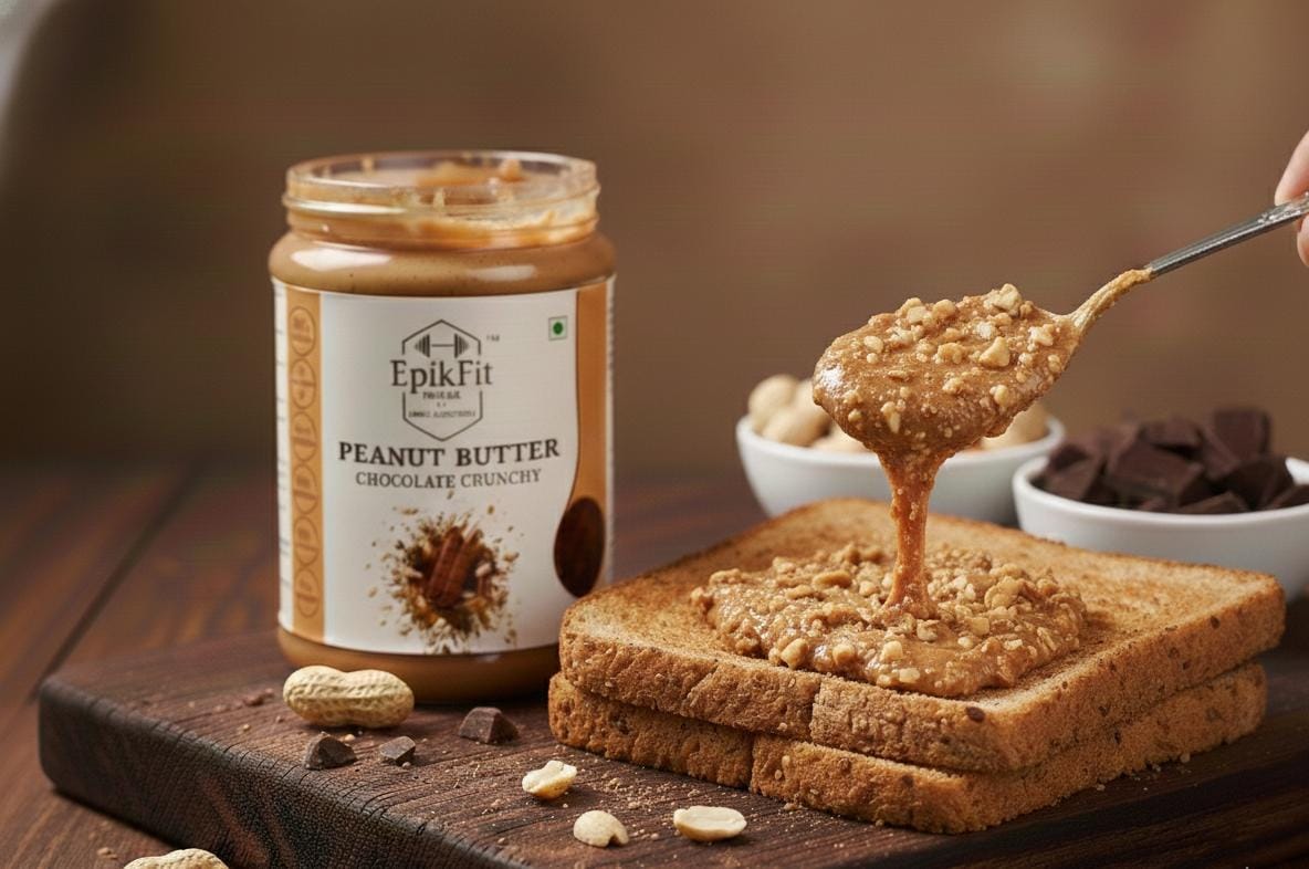 Jar of EpikFit Peanut Butter Chocolate Crunchy being spread on toast with a spoon.