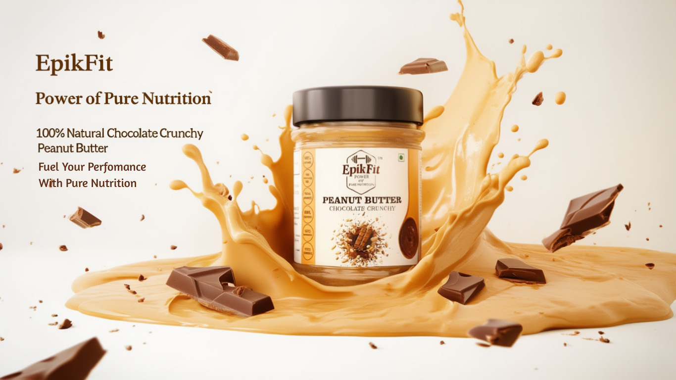 EpicFit peanut butter jar with chocolate crunch elements on a beige background