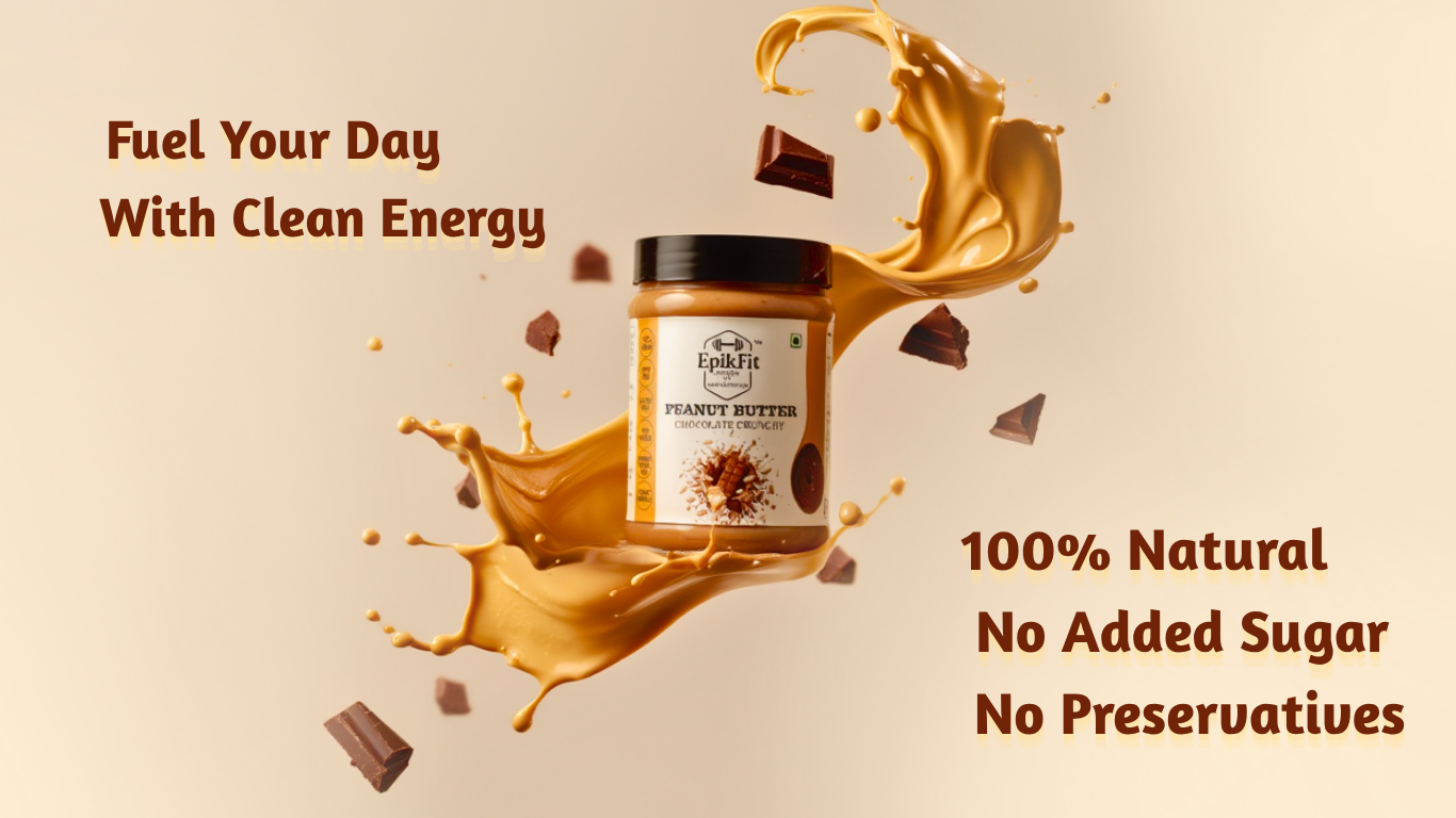 Jar of peanut butter with splashes of peanut butter and text on a beige background