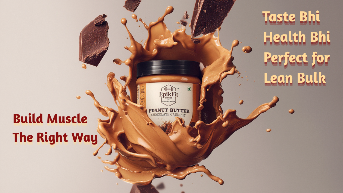 EpicFit peanut butter jar with chocolate pieces and splashes on a gray background