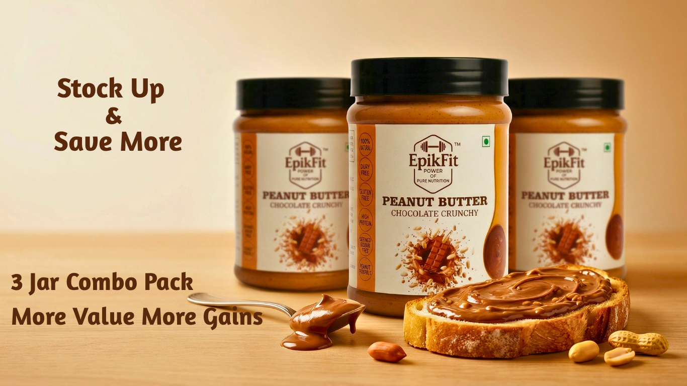 Three jars of EpikFit peanut butter on a wooden surface with toast and peanuts.