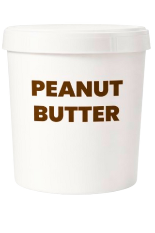 White container of peanut butter with brown text on a white background
