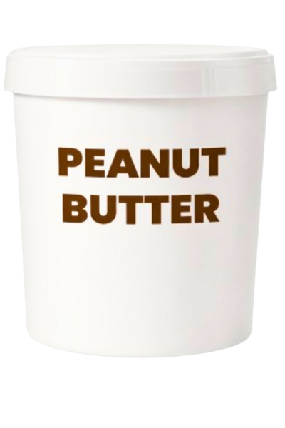 White container of peanut butter with brown text on a white background
