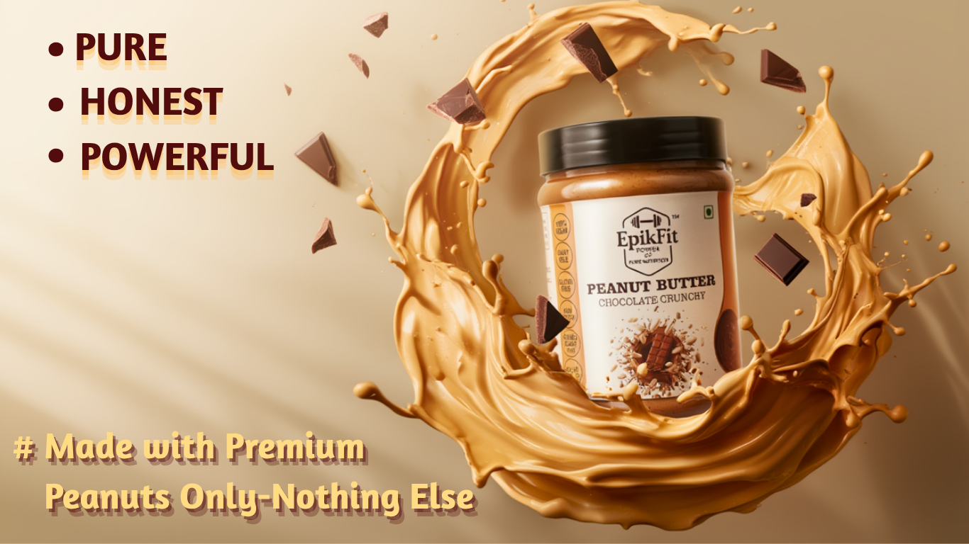 Jar of peanut butter with splashes on a beige background, featuring text about purity and ingredients.